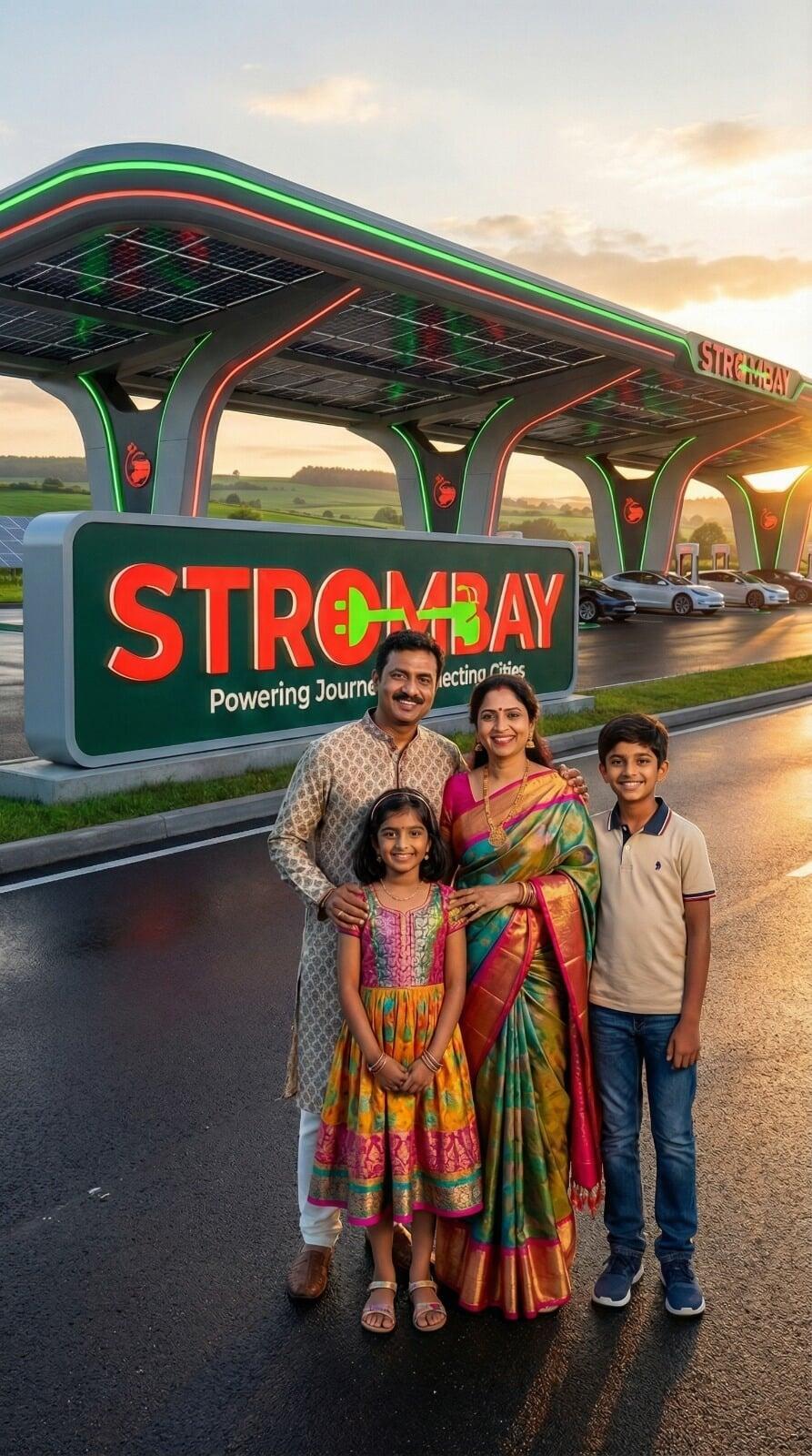 A sleek electric vehicle (EV) connected to an ultra-fast StromBay charging station, illustrating the premium and efficient charging experience