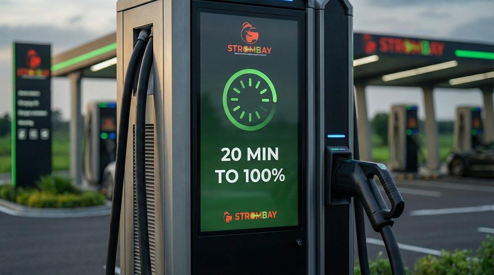A sleek electric vehicle (EV) connected to an ultra-fast StromBay charging station, illustrating the premium and efficient charging experience