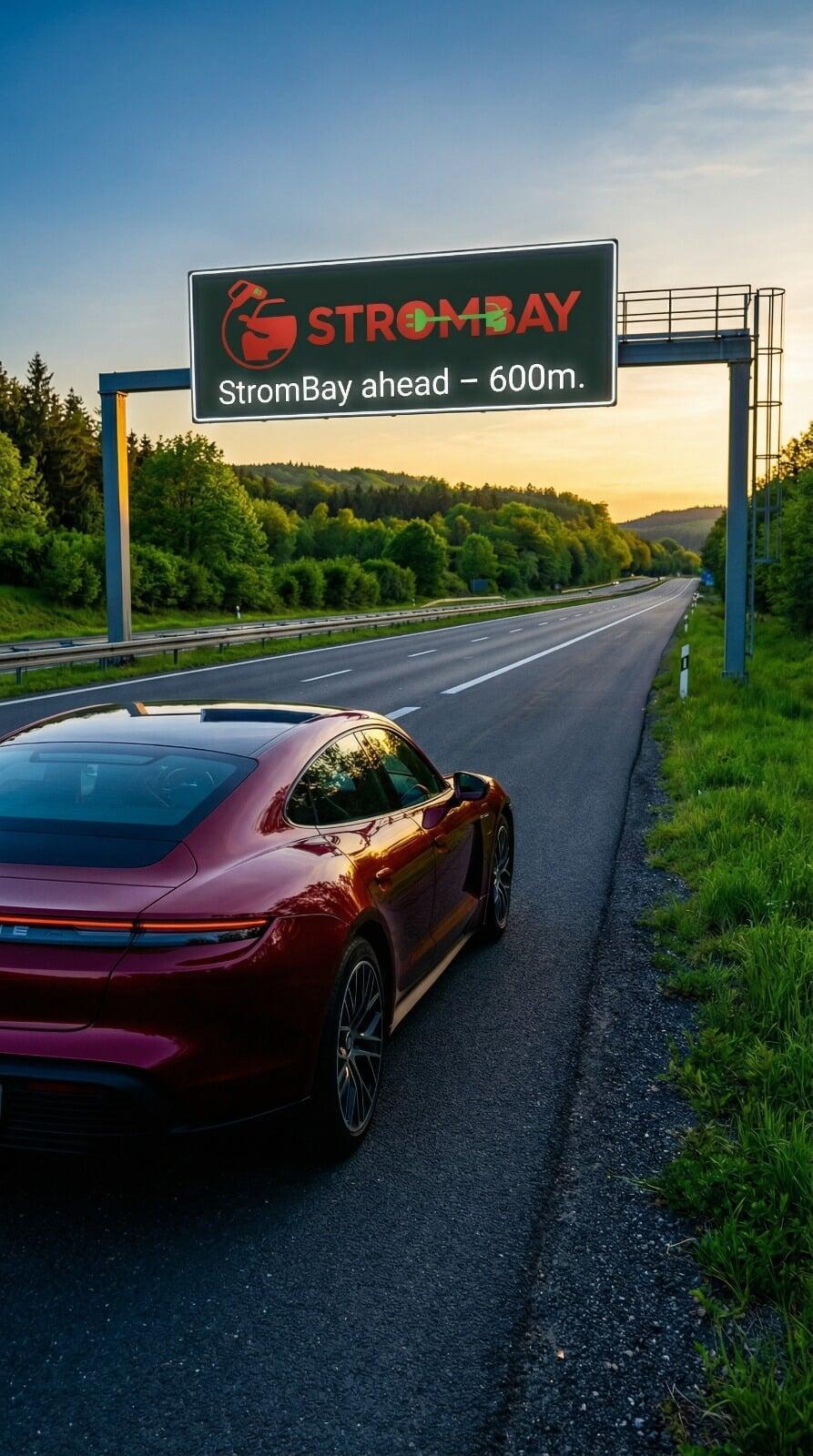 A sleek electric vehicle (EV) connected to an ultra-fast StromBay charging station, illustrating the premium and efficient charging experience