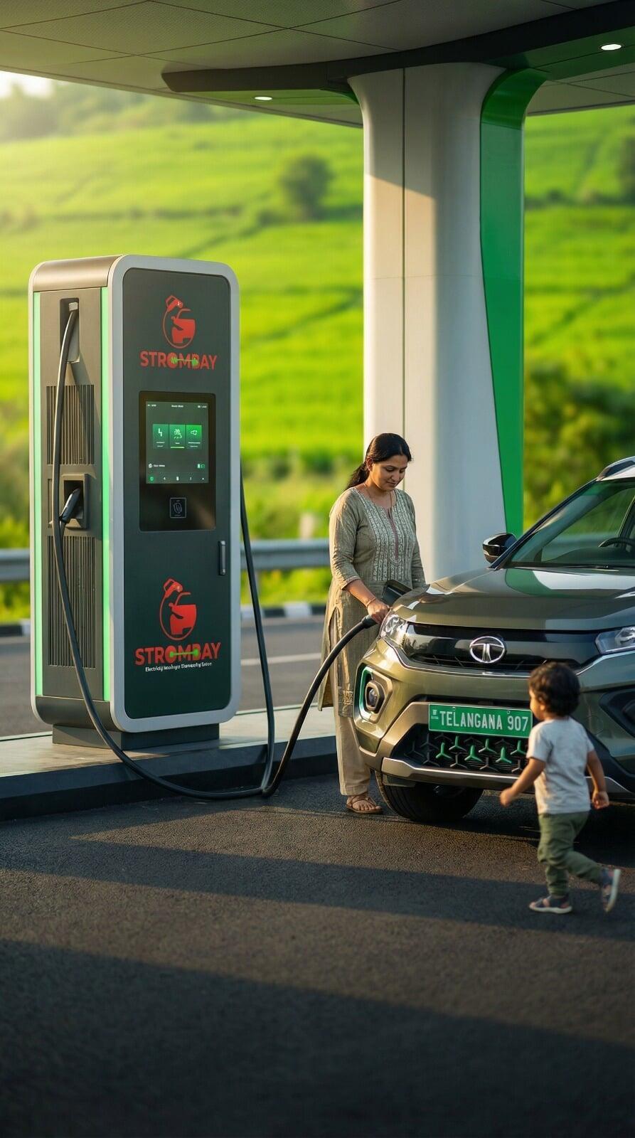 A sleek electric vehicle (EV) connected to an ultra-fast StromBay charging station, illustrating the premium and efficient charging experience
