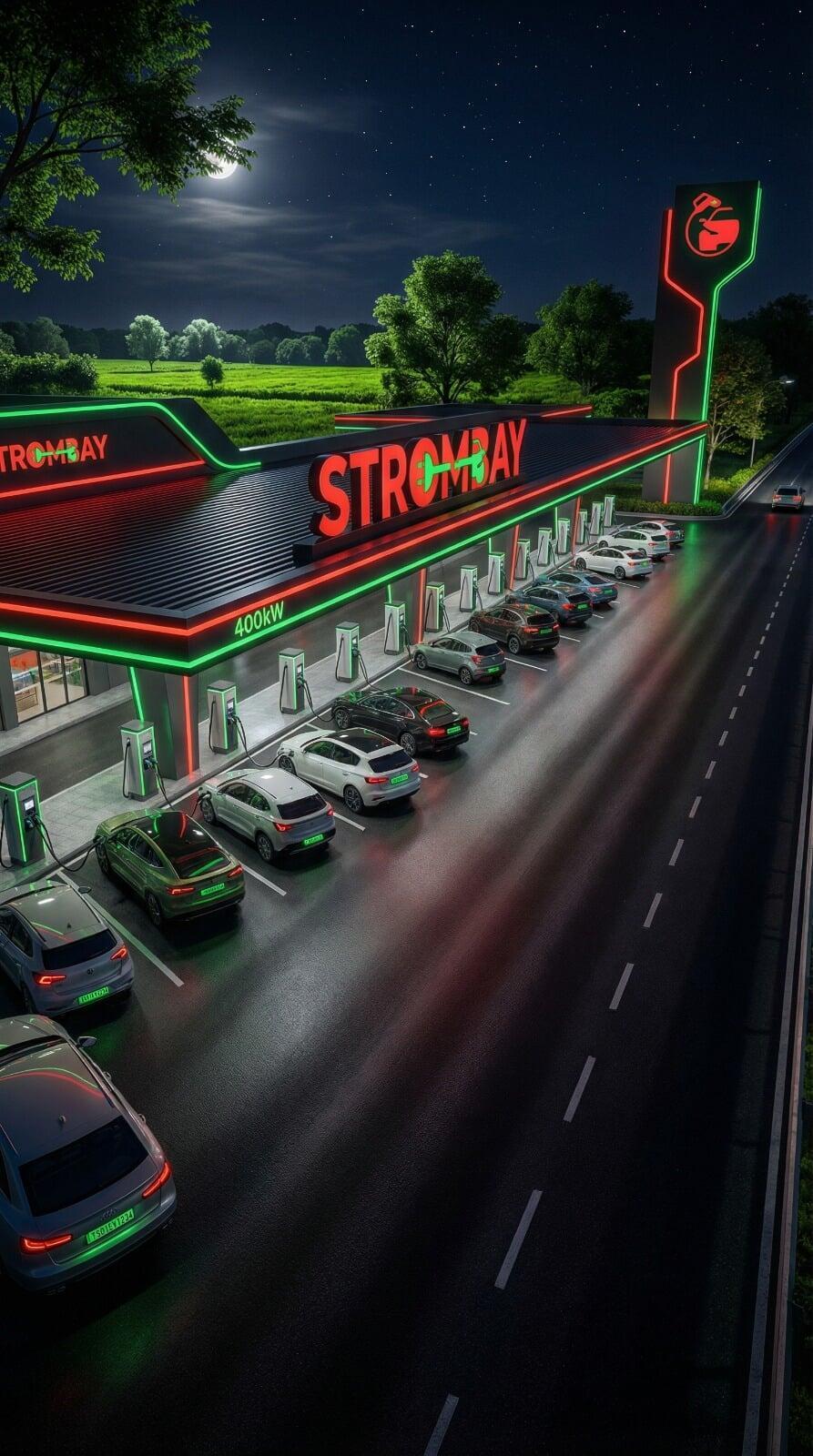 A sleek electric vehicle (EV) connected to an ultra-fast StromBay charging station, illustrating the premium and efficient charging experience